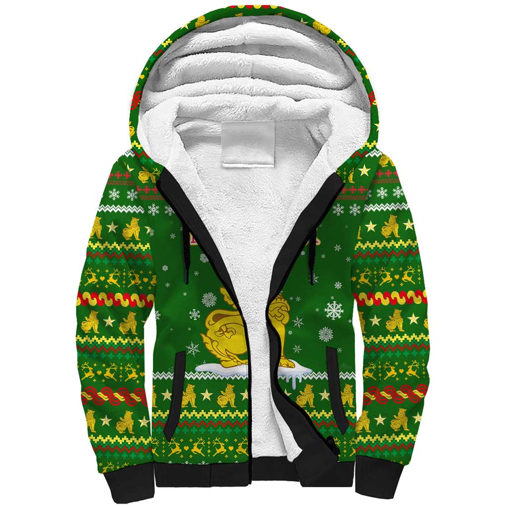 Myanmar Christmas Sherpa Hoodie with Green-Gold Theme, Chinthe Lion, and Santa Motif - Wonder Print Shop
