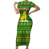 Myanmar Christmas Short Sleeve Bodycon Dress with Green-Gold Theme, Chinthe Lion, and Santa Motif - Wonder Print Shop