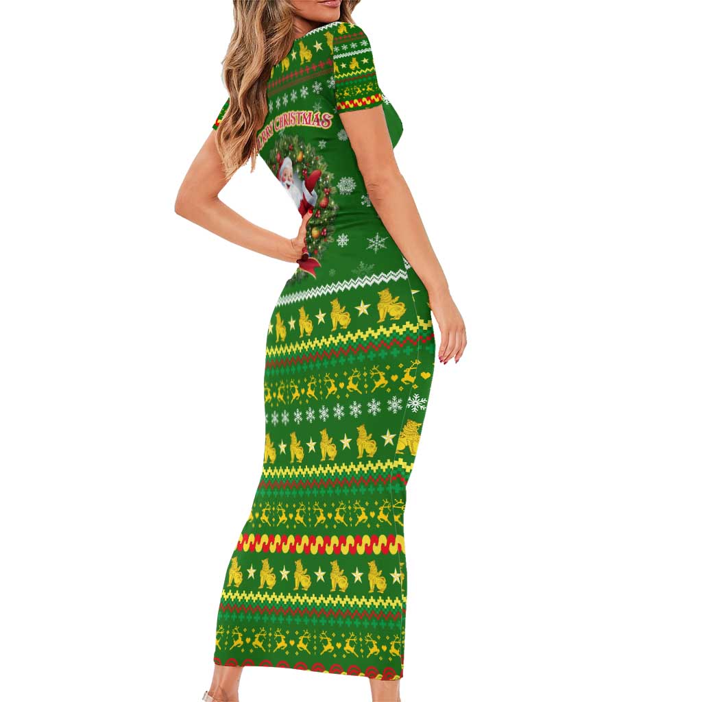 Myanmar Christmas Short Sleeve Bodycon Dress with Green-Gold Theme, Chinthe Lion, and Santa Motif - Wonder Print Shop