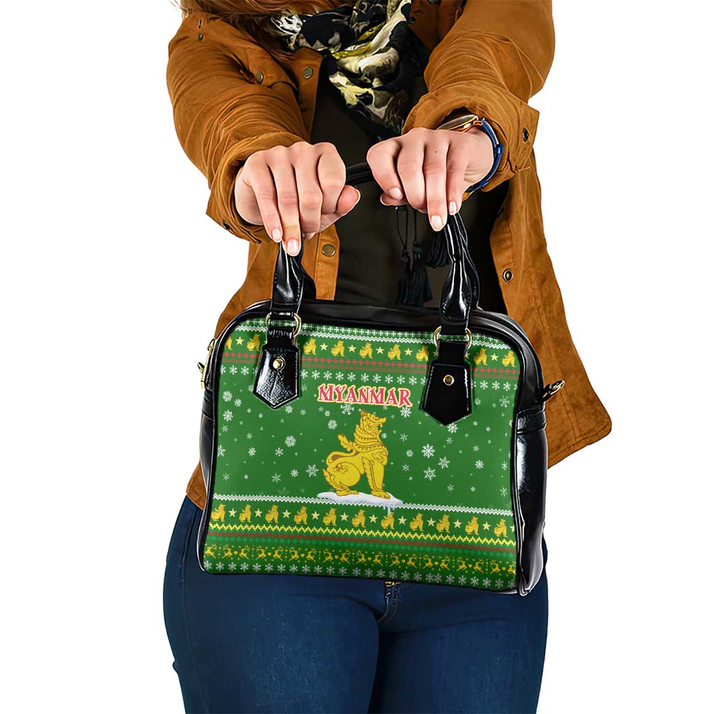Myanmar Christmas Shoulder Handbag with Green-Gold Theme, Chinthe Lion, and Santa Motif - Wonder Print Shop