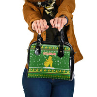 Myanmar Christmas Shoulder Handbag with Green-Gold Theme, Chinthe Lion, and Santa Motif - Wonder Print Shop