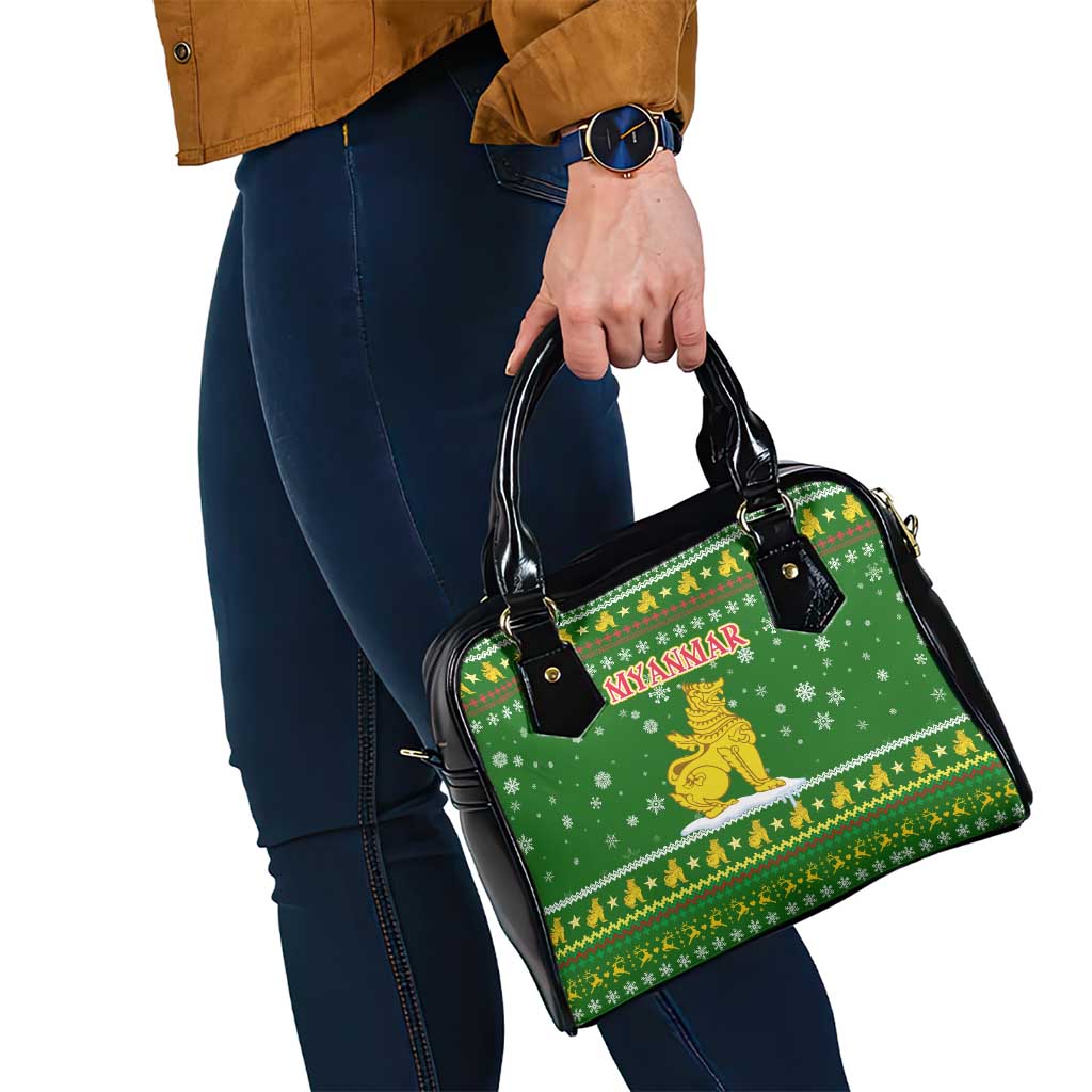 Myanmar Christmas Shoulder Handbag with Green-Gold Theme, Chinthe Lion, and Santa Motif - Wonder Print Shop