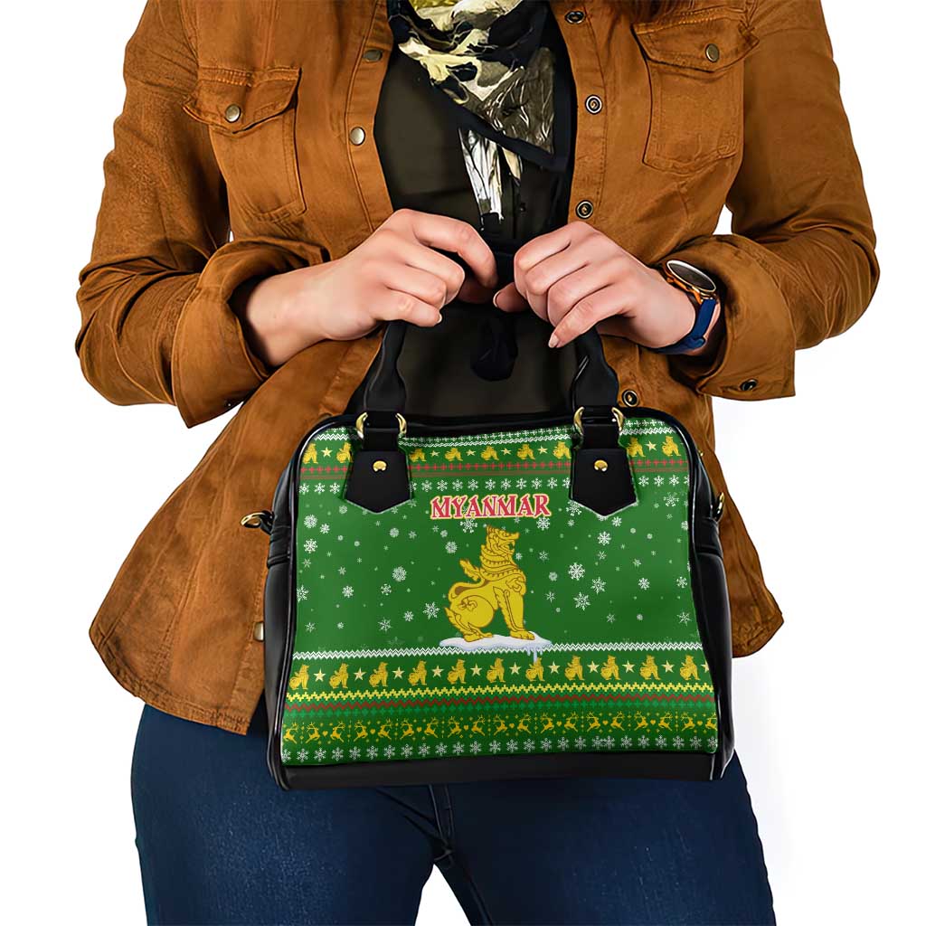 Myanmar Christmas Shoulder Handbag with Green-Gold Theme, Chinthe Lion, and Santa Motif - Wonder Print Shop