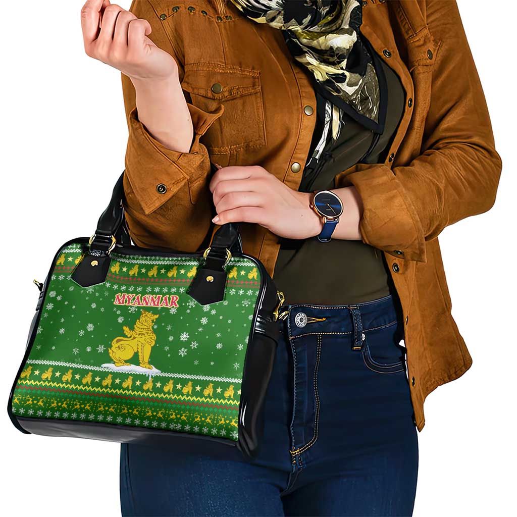 Myanmar Christmas Shoulder Handbag with Green-Gold Theme, Chinthe Lion, and Santa Motif - Wonder Print Shop