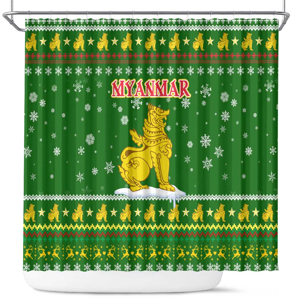Myanmar Christmas Shower Curtain with Green-Gold Theme, Chinthe Lion, and Santa Motif - Wonder Print Shop