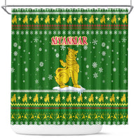 Myanmar Christmas Shower Curtain with Green-Gold Theme, Chinthe Lion, and Santa Motif - Wonder Print Shop