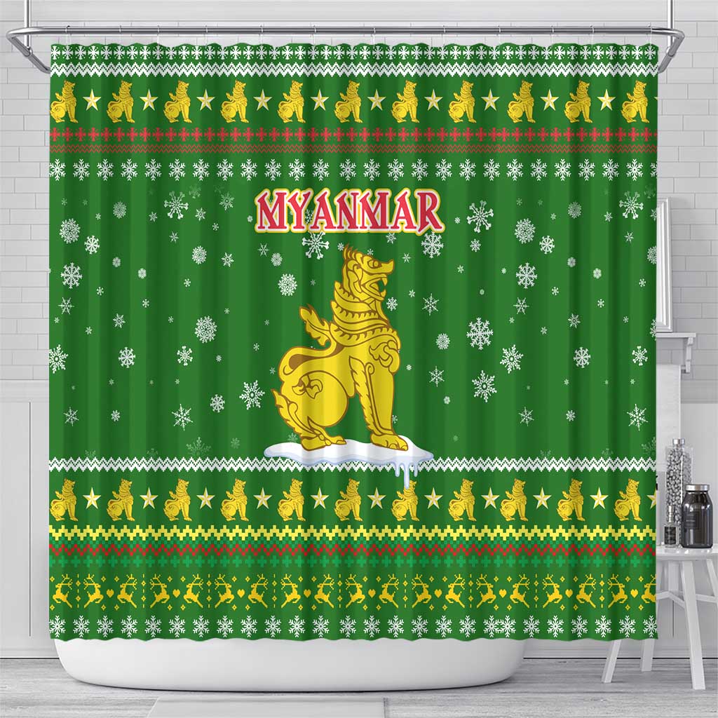 Myanmar Christmas Shower Curtain with Green-Gold Theme, Chinthe Lion, and Santa Motif - Wonder Print Shop