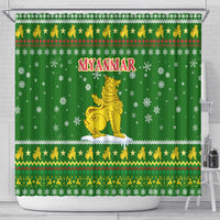 Myanmar Christmas Shower Curtain with Green-Gold Theme, Chinthe Lion, and Santa Motif - Wonder Print Shop