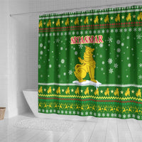 Myanmar Christmas Shower Curtain with Green-Gold Theme, Chinthe Lion, and Santa Motif - Wonder Print Shop