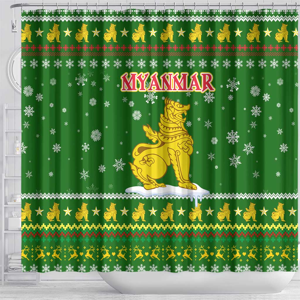 Myanmar Christmas Shower Curtain with Green-Gold Theme, Chinthe Lion, and Santa Motif - Wonder Print Shop