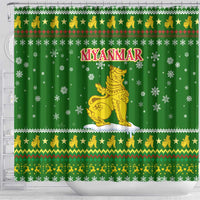 Myanmar Christmas Shower Curtain with Green-Gold Theme, Chinthe Lion, and Santa Motif - Wonder Print Shop