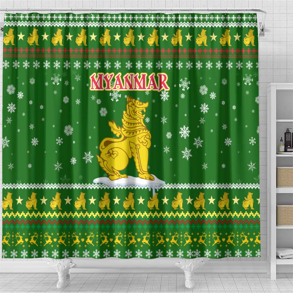 Myanmar Christmas Shower Curtain with Green-Gold Theme, Chinthe Lion, and Santa Motif - Wonder Print Shop