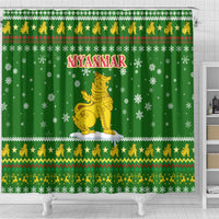 Myanmar Christmas Shower Curtain with Green-Gold Theme, Chinthe Lion, and Santa Motif - Wonder Print Shop