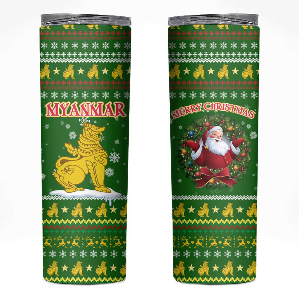 Myanmar Christmas Skinny Tumbler with Green-Gold Theme, Chinthe Lion, and Santa Motif - Wonder Print Shop