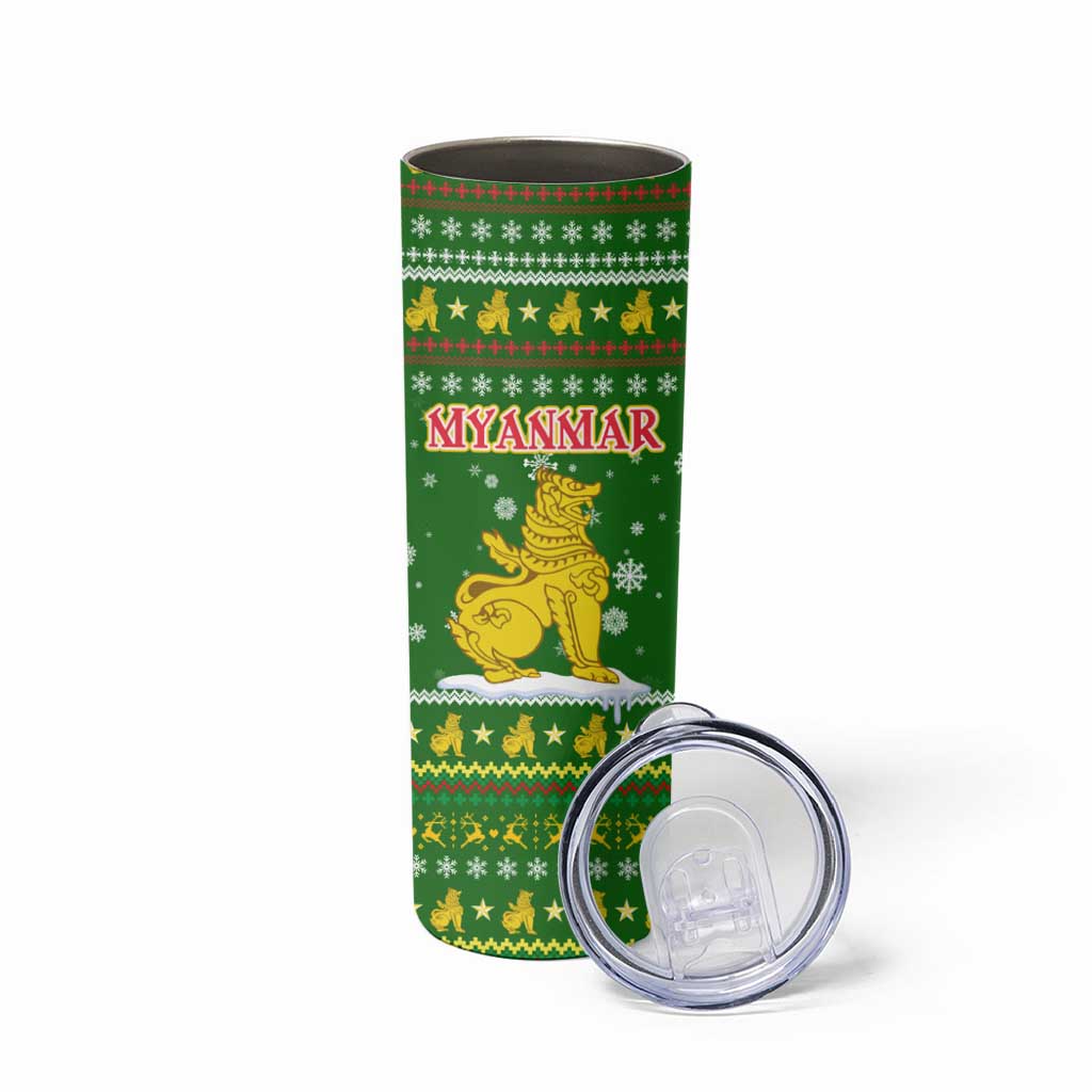 Myanmar Christmas Skinny Tumbler with Green-Gold Theme, Chinthe Lion, and Santa Motif - Wonder Print Shop