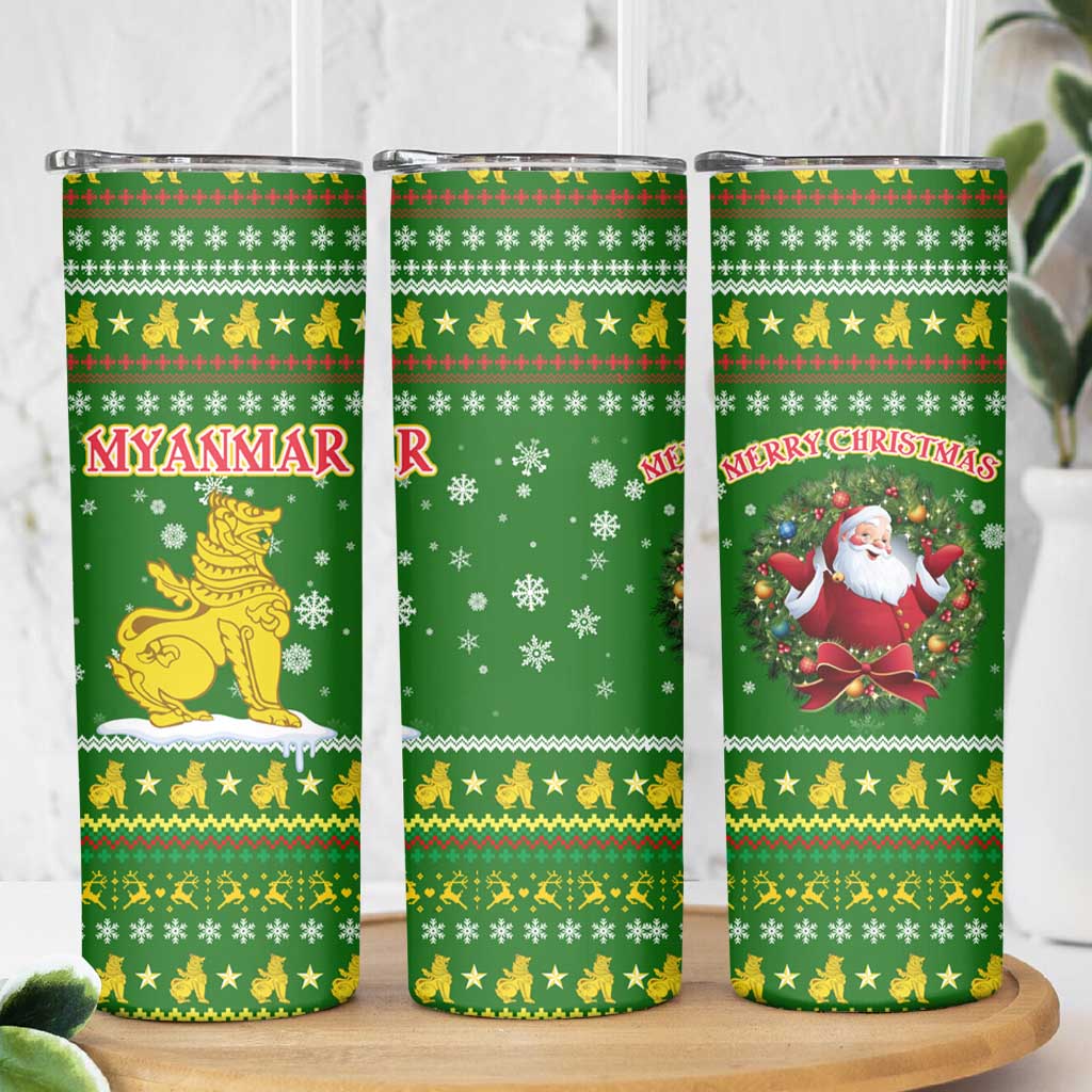 Myanmar Christmas Skinny Tumbler with Green-Gold Theme, Chinthe Lion, and Santa Motif - Wonder Print Shop