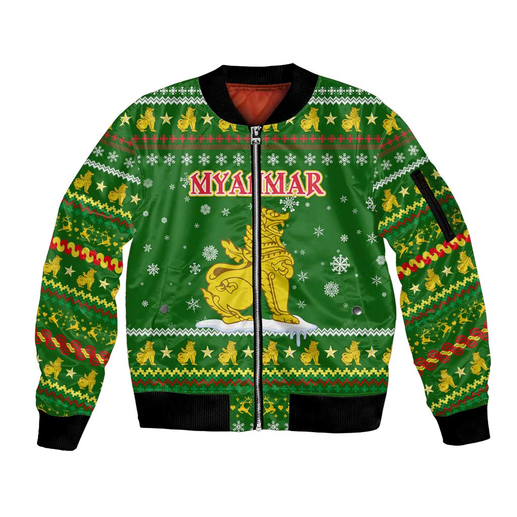 Myanmar Christmas Sleeve Zip Bomber Jacket with Green-Gold Theme, Chinthe Lion, and Santa Motif - Wonder Print Shop