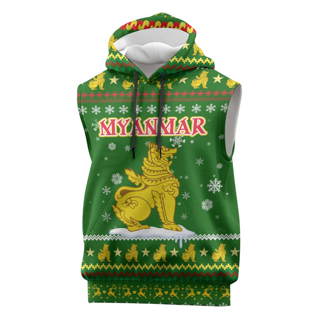 Myanmar Christmas Sleeveless Hoodie with Green-Gold Theme, Chinthe Lion, and Santa Motif - Wonder Print Shop