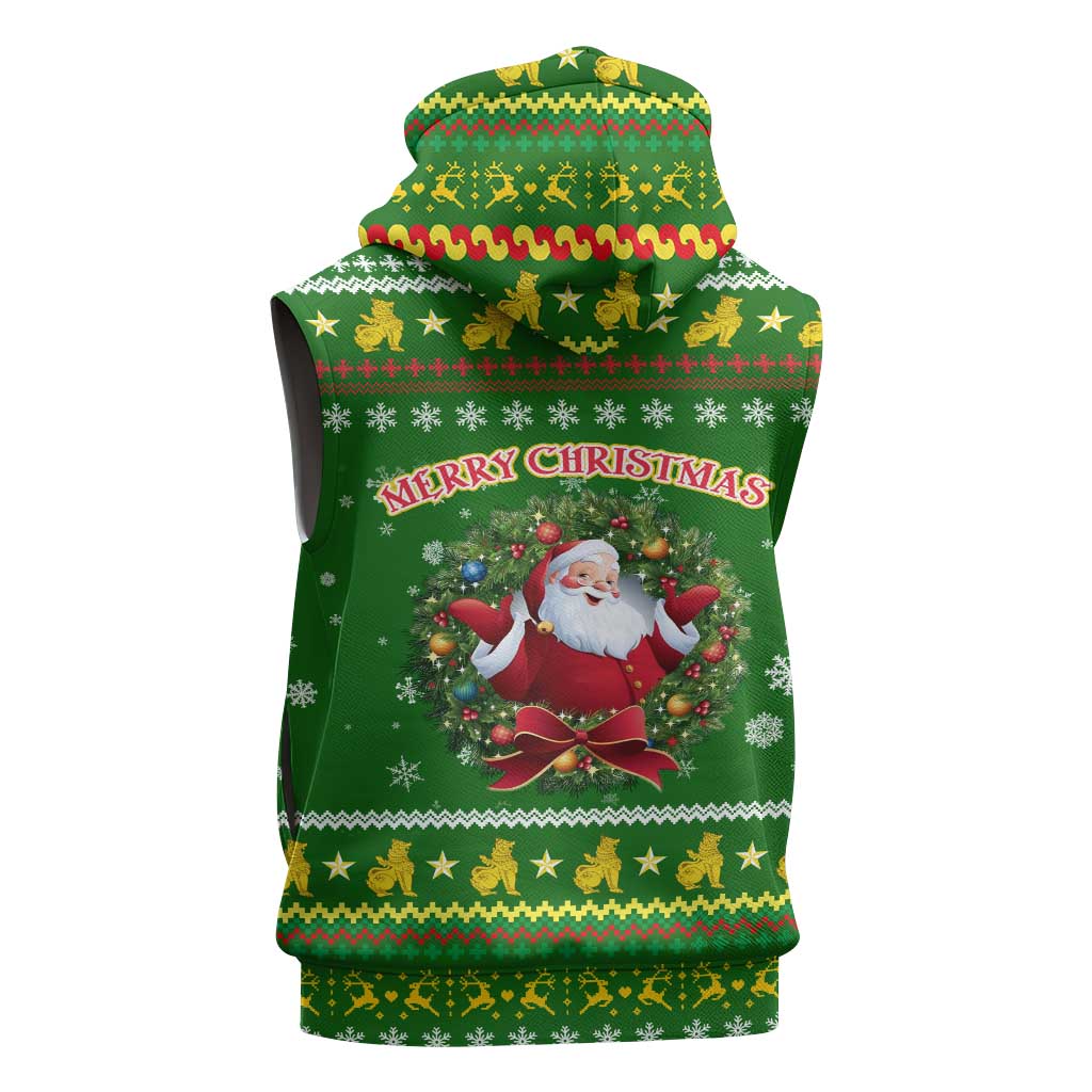 Myanmar Christmas Sleeveless Hoodie with Green-Gold Theme, Chinthe Lion, and Santa Motif - Wonder Print Shop