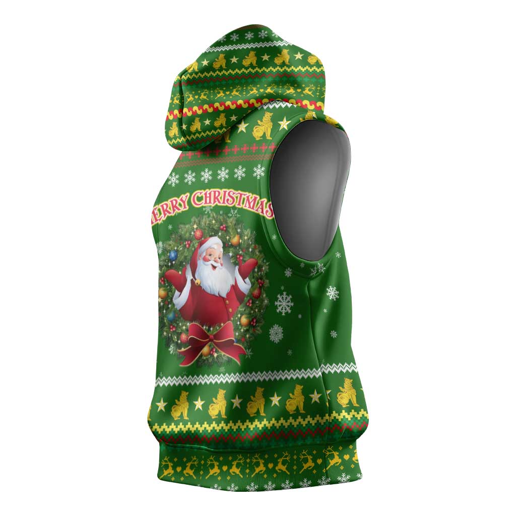 Myanmar Christmas Sleeveless Hoodie with Green-Gold Theme, Chinthe Lion, and Santa Motif - Wonder Print Shop