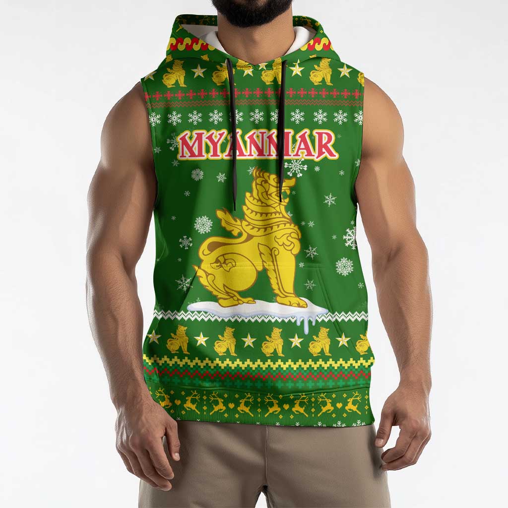 Myanmar Christmas Sleeveless Hoodie with Green-Gold Theme, Chinthe Lion, and Santa Motif - Wonder Print Shop