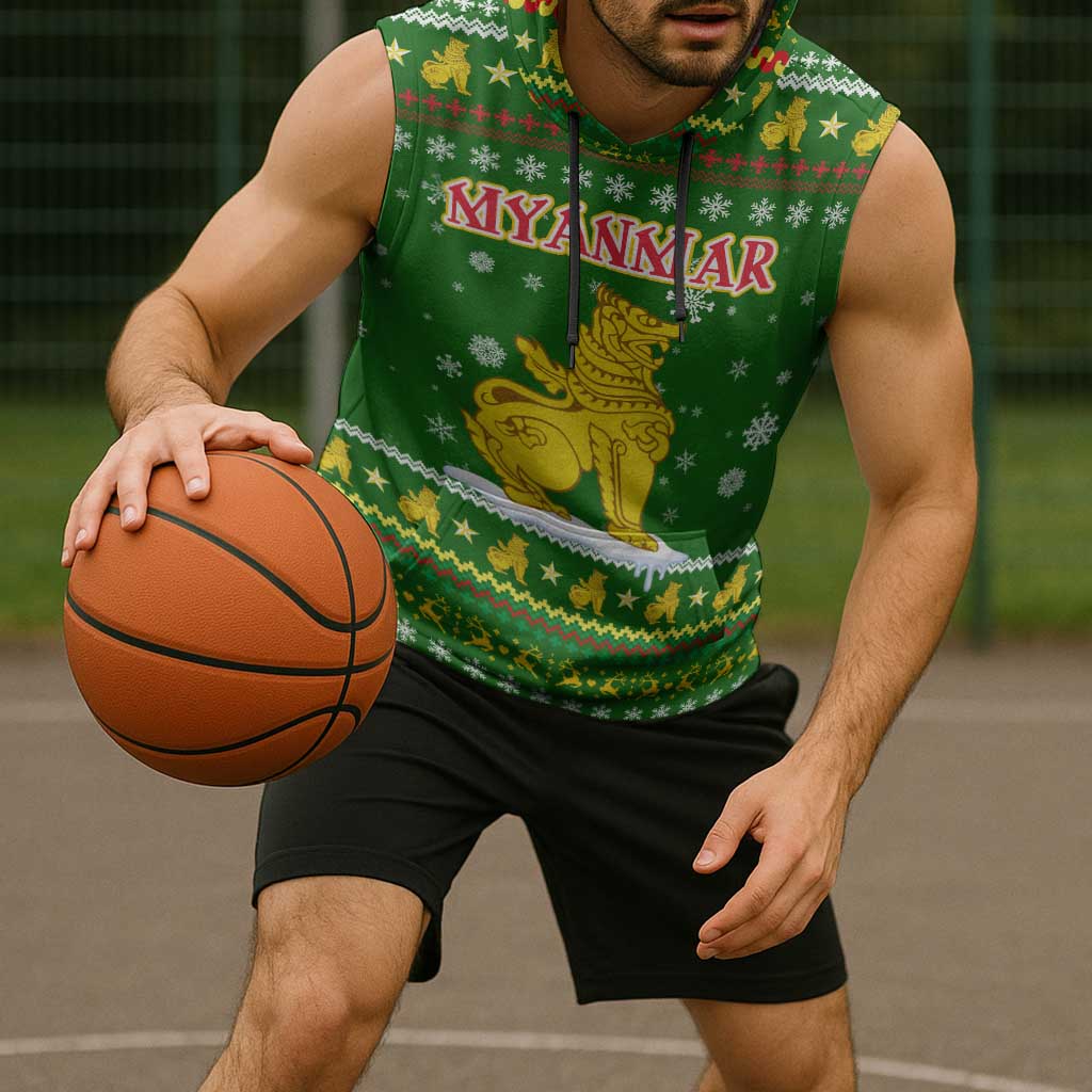 Myanmar Christmas Sleeveless Hoodie with Green-Gold Theme, Chinthe Lion, and Santa Motif - Wonder Print Shop