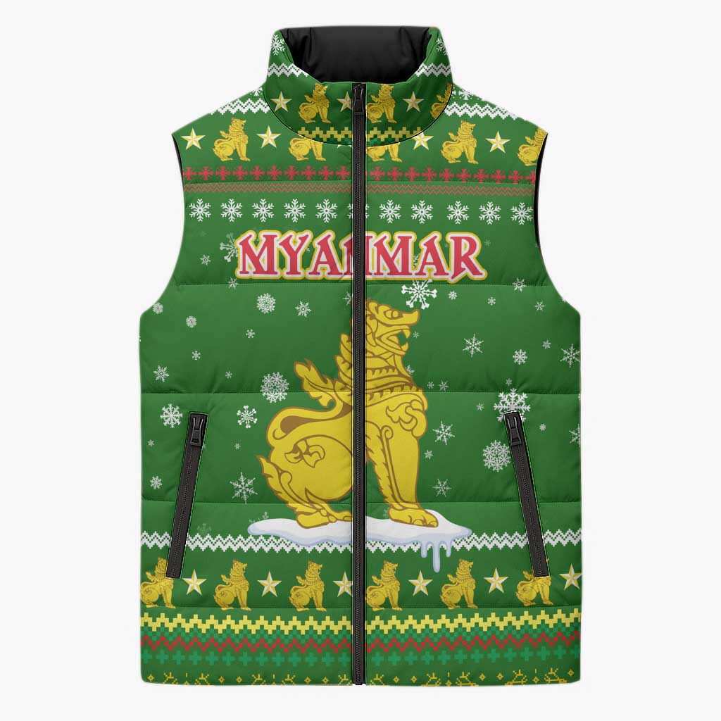 Myanmar Christmas Sleeveless Puffer Jacket with Green-Gold Theme, Chinthe Lion, and Santa Motif - Wonder Print Shop