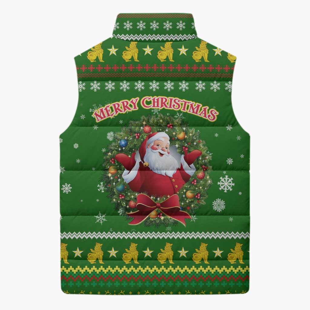 Myanmar Christmas Sleeveless Puffer Jacket with Green-Gold Theme, Chinthe Lion, and Santa Motif - Wonder Print Shop