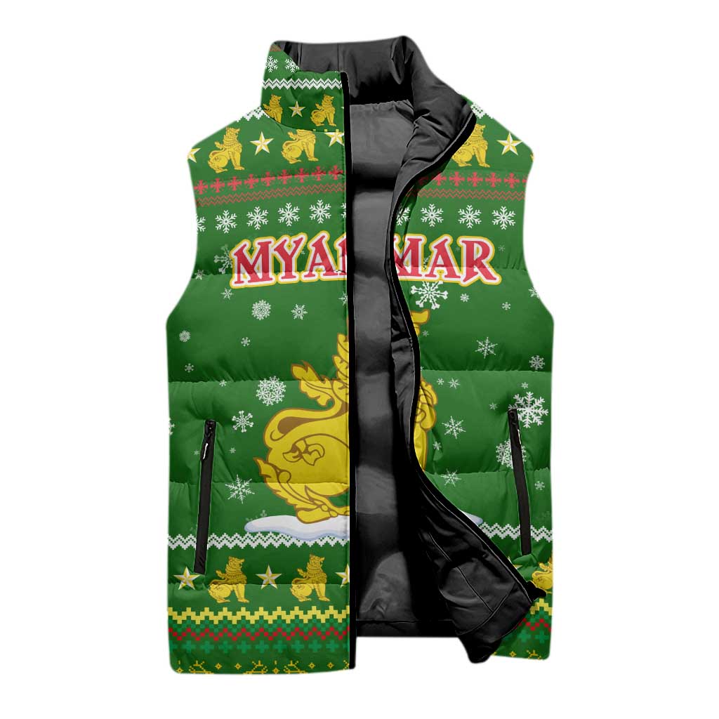 Myanmar Christmas Sleeveless Puffer Jacket with Green-Gold Theme, Chinthe Lion, and Santa Motif - Wonder Print Shop