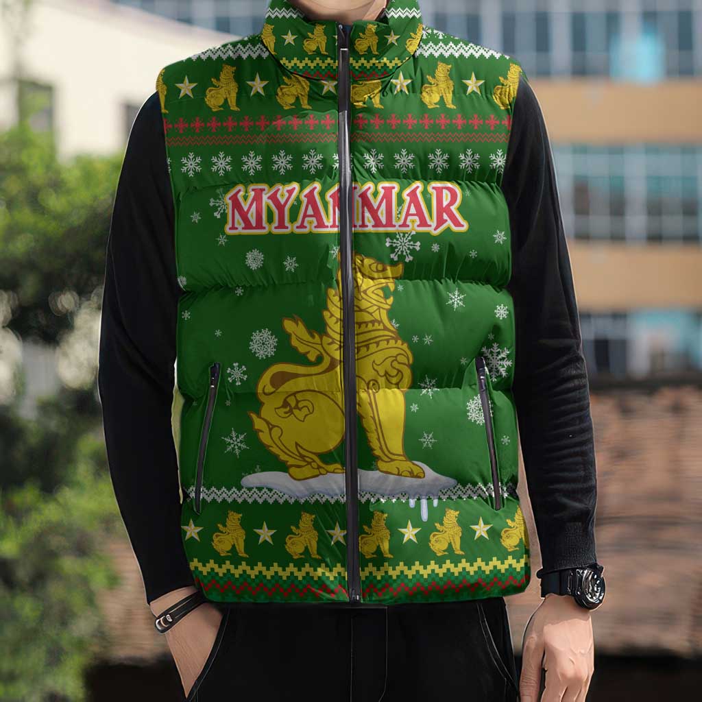 Myanmar Christmas Sleeveless Puffer Jacket with Green-Gold Theme, Chinthe Lion, and Santa Motif - Wonder Print Shop