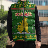 Myanmar Christmas Sleeveless Puffer Jacket with Green-Gold Theme, Chinthe Lion, and Santa Motif - Wonder Print Shop