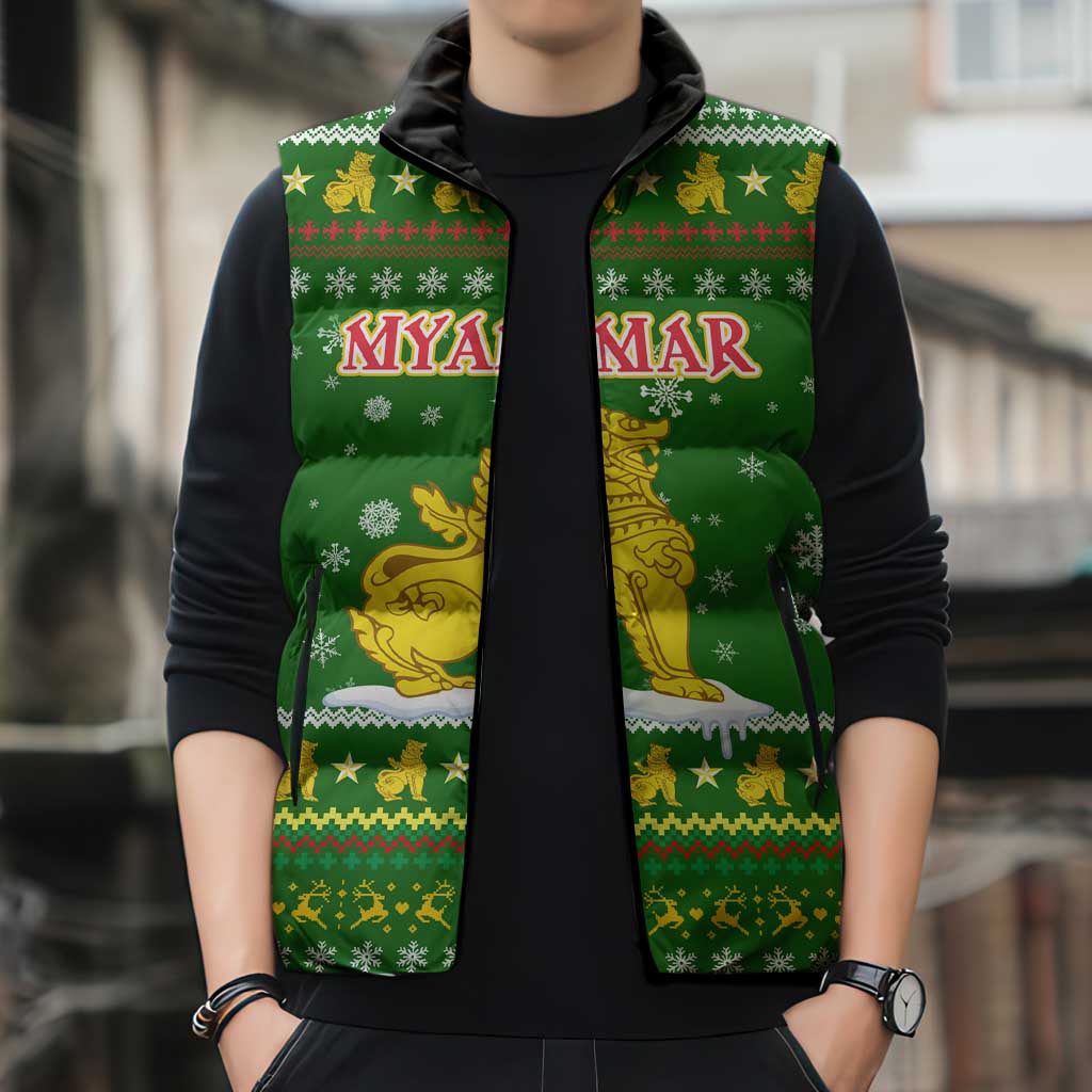 Myanmar Christmas Sleeveless Puffer Jacket with Green-Gold Theme, Chinthe Lion, and Santa Motif - Wonder Print Shop
