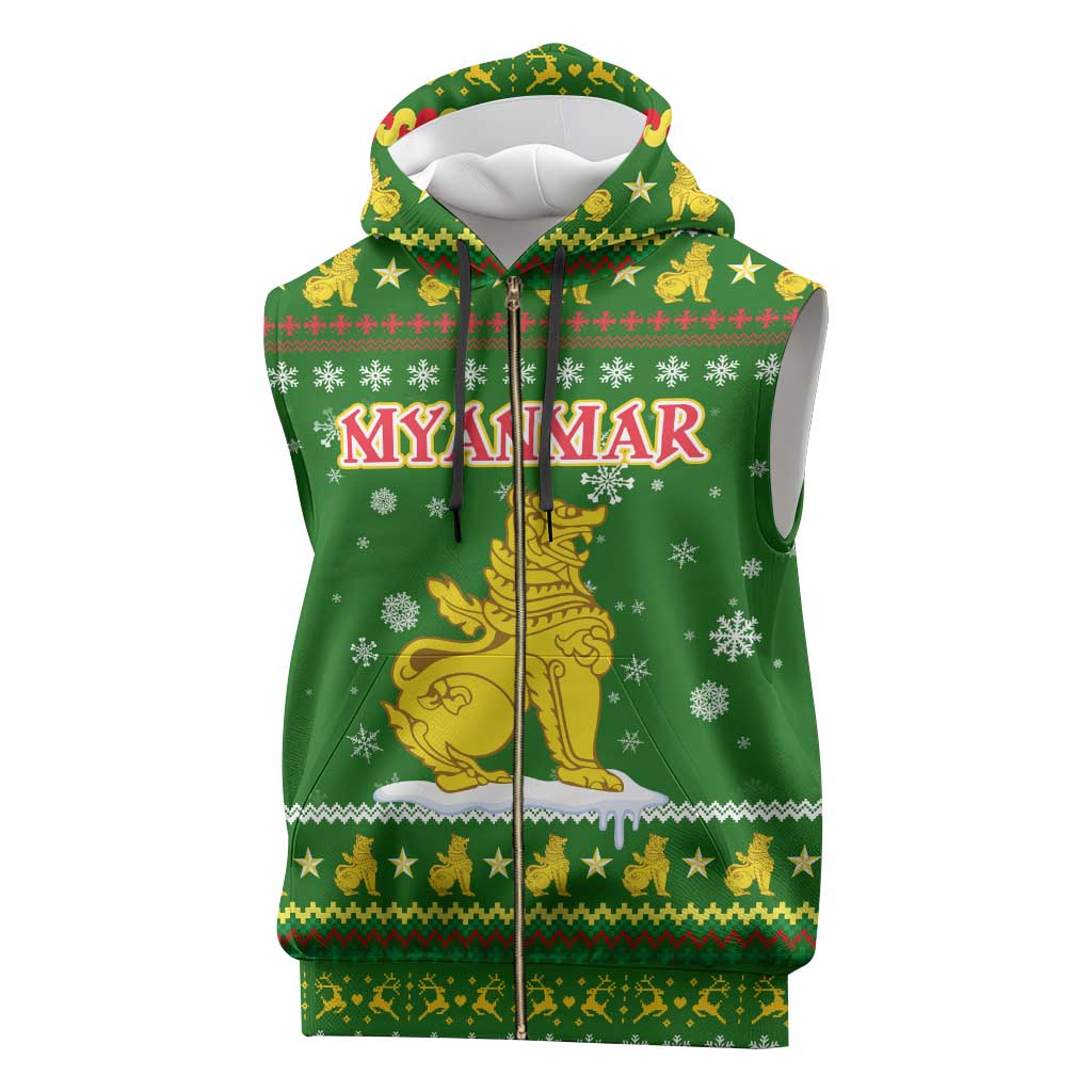 Myanmar Christmas Sleeveless Zip Hoodie with Green-Gold Theme, Chinthe Lion, and Santa Motif - Wonder Print Shop