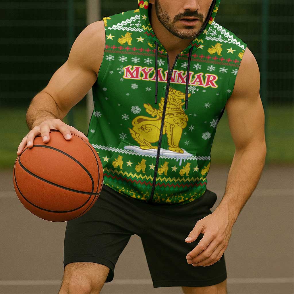 Myanmar Christmas Sleeveless Zip Hoodie with Green-Gold Theme, Chinthe Lion, and Santa Motif - Wonder Print Shop