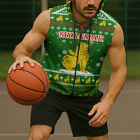 Myanmar Christmas Sleeveless Zip Hoodie with Green-Gold Theme, Chinthe Lion, and Santa Motif - Wonder Print Shop