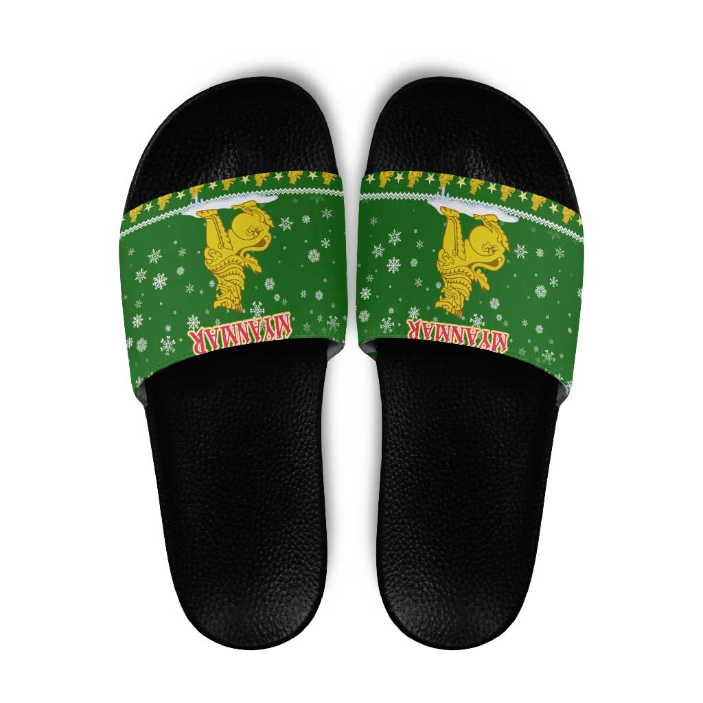Myanmar Christmas Slide Sandals with Green-Gold Theme, Chinthe Lion, and Santa Motif - Wonder Print Shop