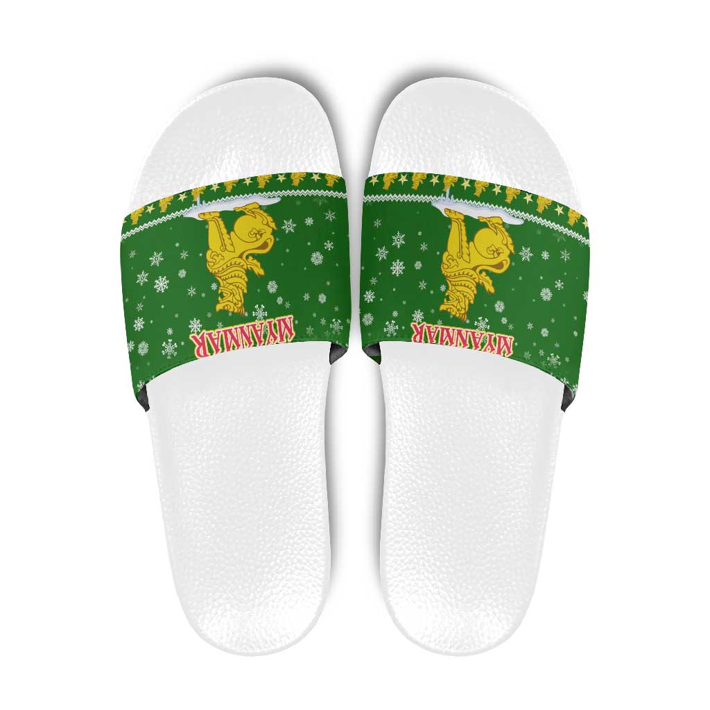 Myanmar Christmas Slide Sandals with Green-Gold Theme, Chinthe Lion, and Santa Motif - Wonder Print Shop