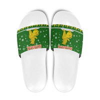 Myanmar Christmas Slide Sandals with Green-Gold Theme, Chinthe Lion, and Santa Motif - Wonder Print Shop