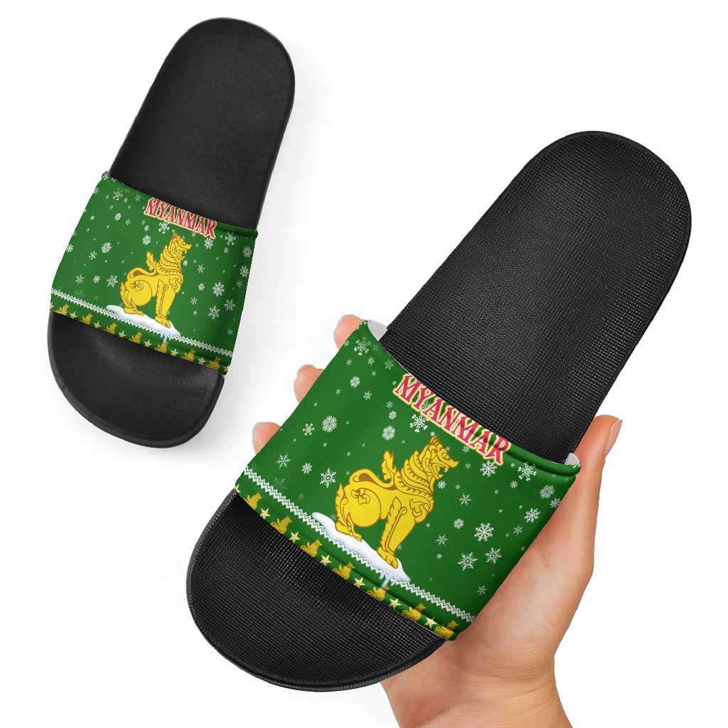 Myanmar Christmas Slide Sandals with Green-Gold Theme, Chinthe Lion, and Santa Motif - Wonder Print Shop