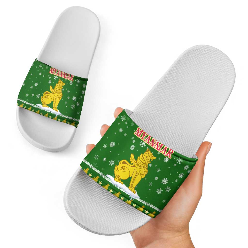 Myanmar Christmas Slide Sandals with Green-Gold Theme, Chinthe Lion, and Santa Motif - Wonder Print Shop