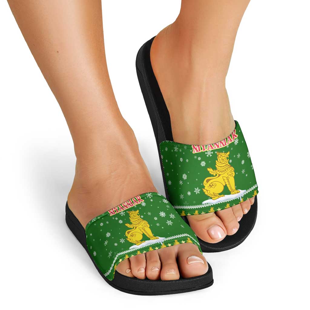 Myanmar Christmas Slide Sandals with Green-Gold Theme, Chinthe Lion, and Santa Motif - Wonder Print Shop