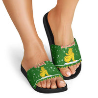 Myanmar Christmas Slide Sandals with Green-Gold Theme, Chinthe Lion, and Santa Motif - Wonder Print Shop