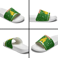 Myanmar Christmas Slide Sandals with Green-Gold Theme, Chinthe Lion, and Santa Motif - Wonder Print Shop