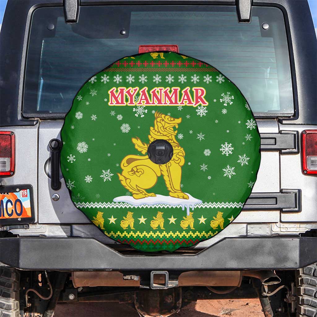 Myanmar Christmas Spare Tire Cover with Green-Gold Theme, Chinthe Lion, and Santa Motif - Wonder Print Shop