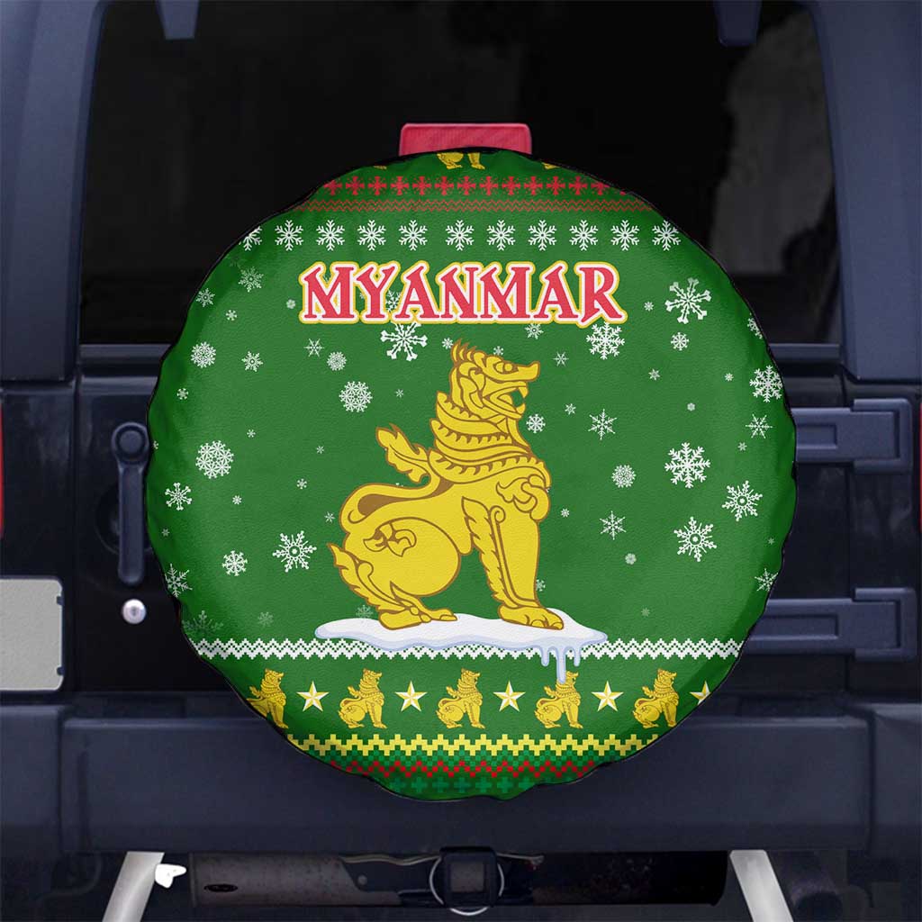 Myanmar Christmas Spare Tire Cover with Green-Gold Theme, Chinthe Lion, and Santa Motif - Wonder Print Shop