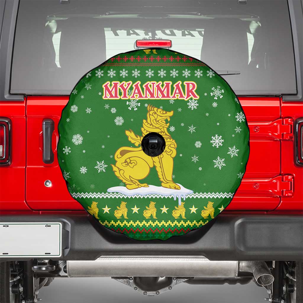 Myanmar Christmas Spare Tire Cover with Green-Gold Theme, Chinthe Lion, and Santa Motif - Wonder Print Shop