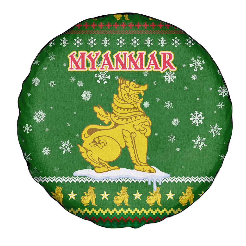Myanmar Christmas Spare Tire Cover with Green-Gold Theme, Chinthe Lion, and Santa Motif - Wonder Print Shop