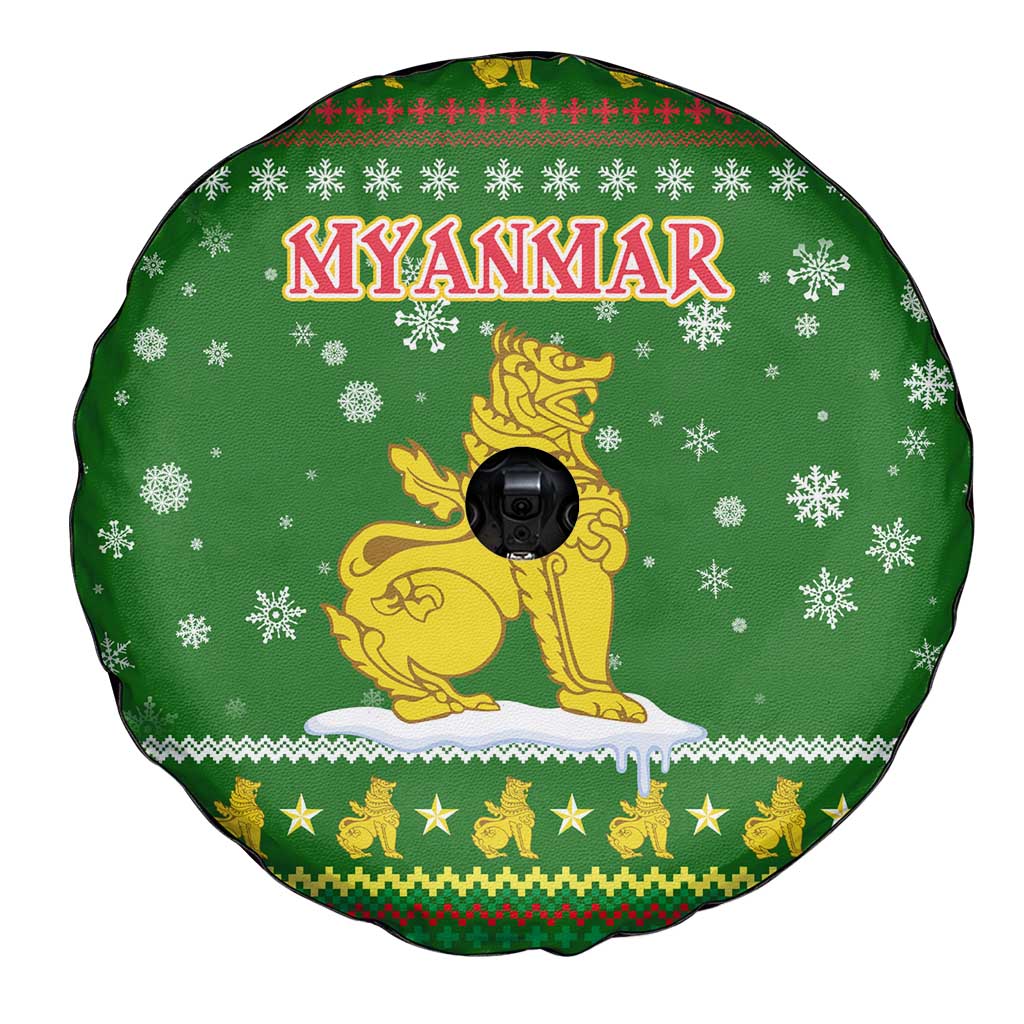 Myanmar Christmas Spare Tire Cover with Green-Gold Theme, Chinthe Lion, and Santa Motif - Wonder Print Shop