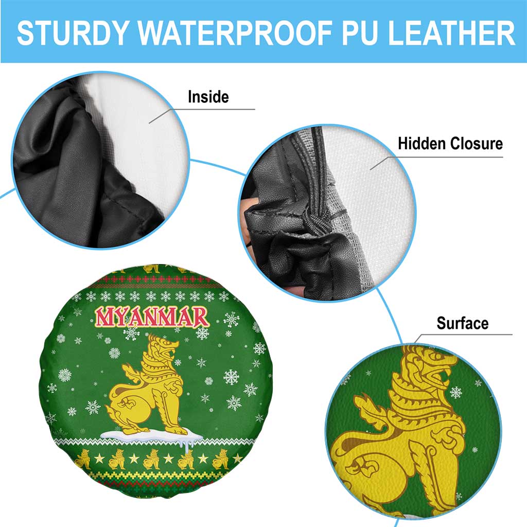 Myanmar Christmas Spare Tire Cover with Green-Gold Theme, Chinthe Lion, and Santa Motif - Wonder Print Shop