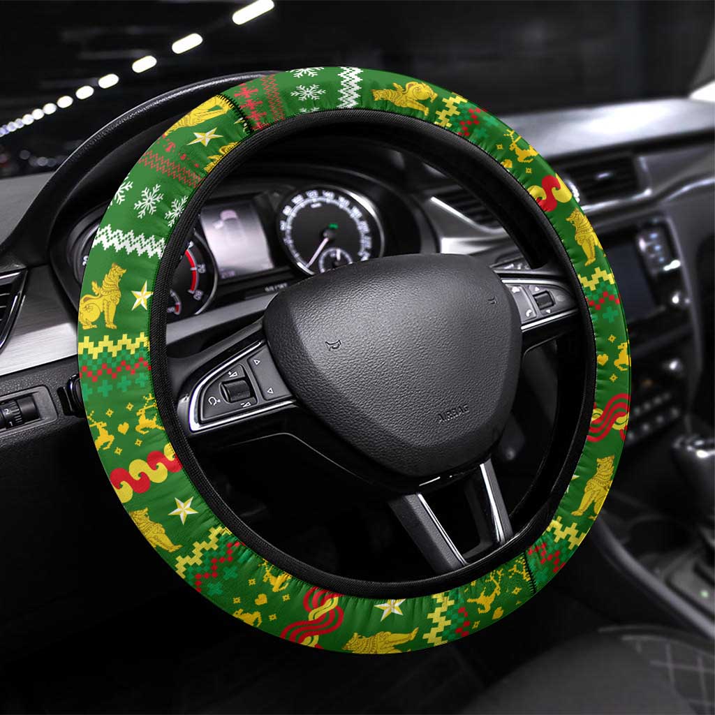 Myanmar Christmas Steering Wheel Cover with Green-Gold Theme, Chinthe Lion, and Santa Motif - Wonder Print Shop